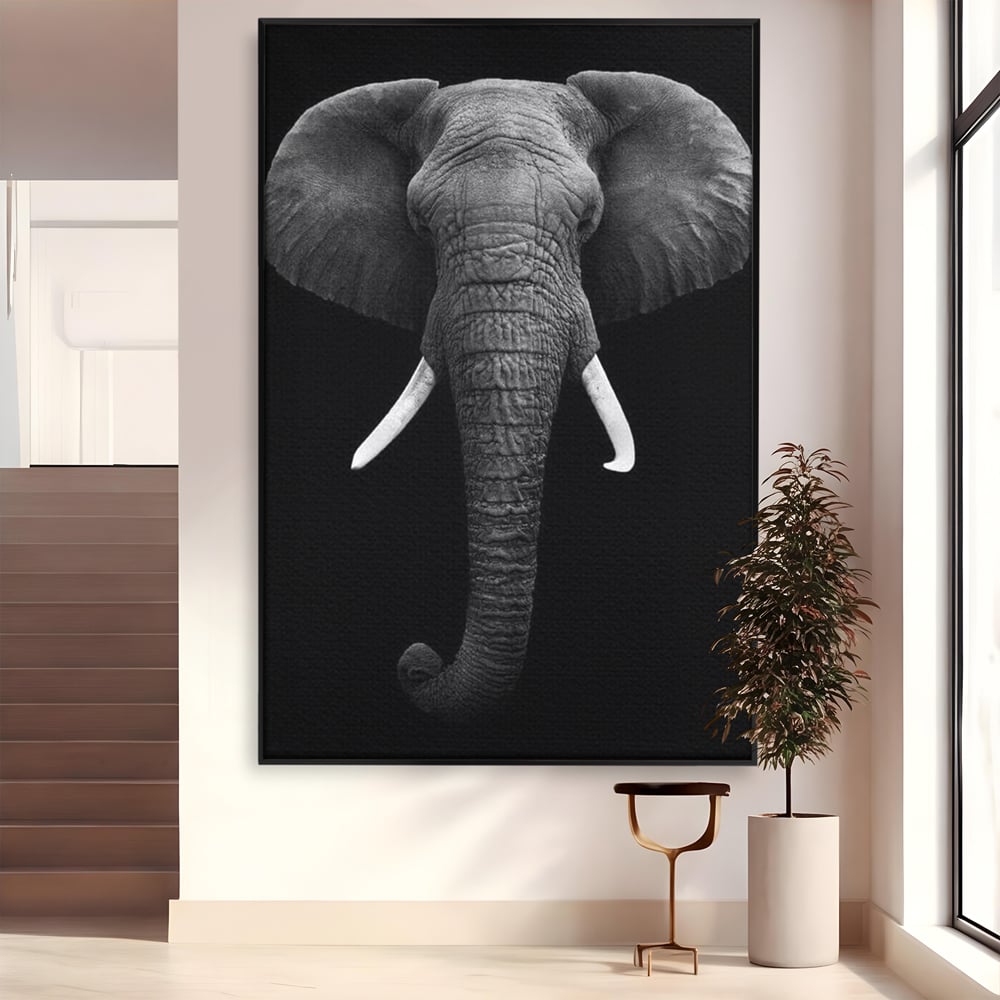 Tablou canvas cu tablou canvas cu cap de elefant, in rama de aluminiu negru